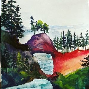 Watercolor landscape unique original painting 💚💛♥️